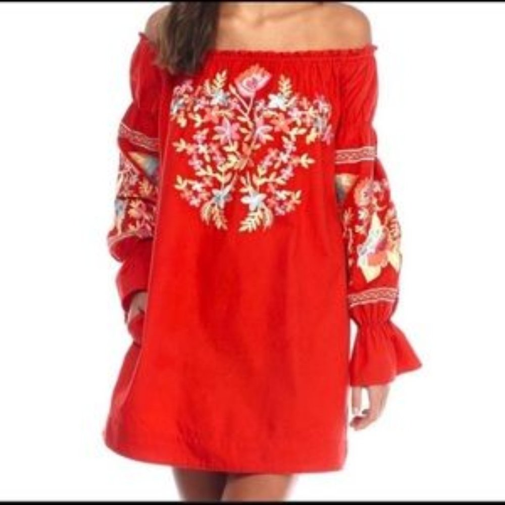 Free People Fleur Du Jour Embroidered Mini Dress Off Shoulder